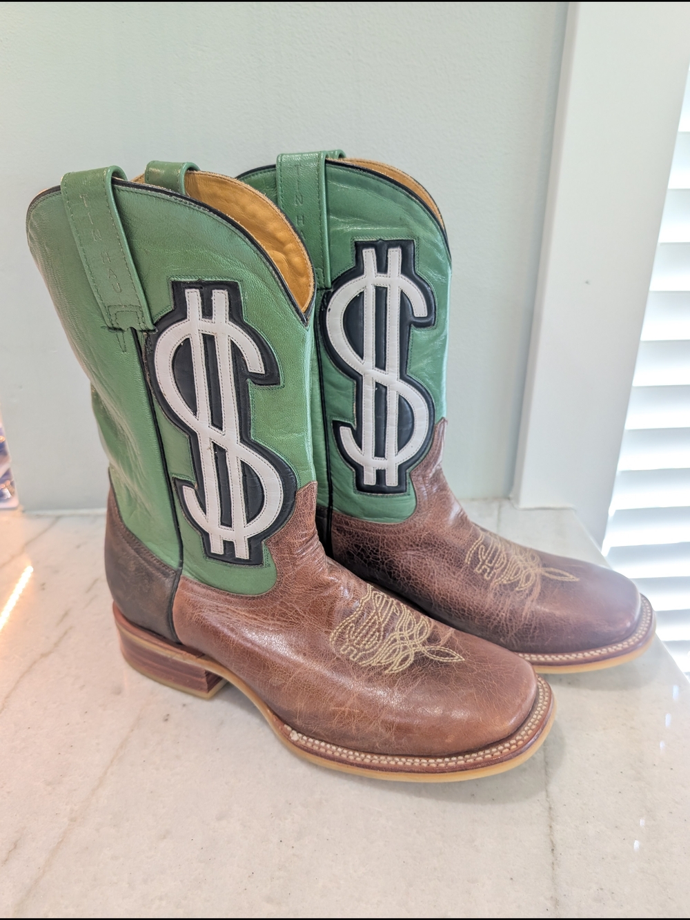 Tin Haul Green & Brown Cash Money Square Toe Leather Cowboy Boots Men's Size 8